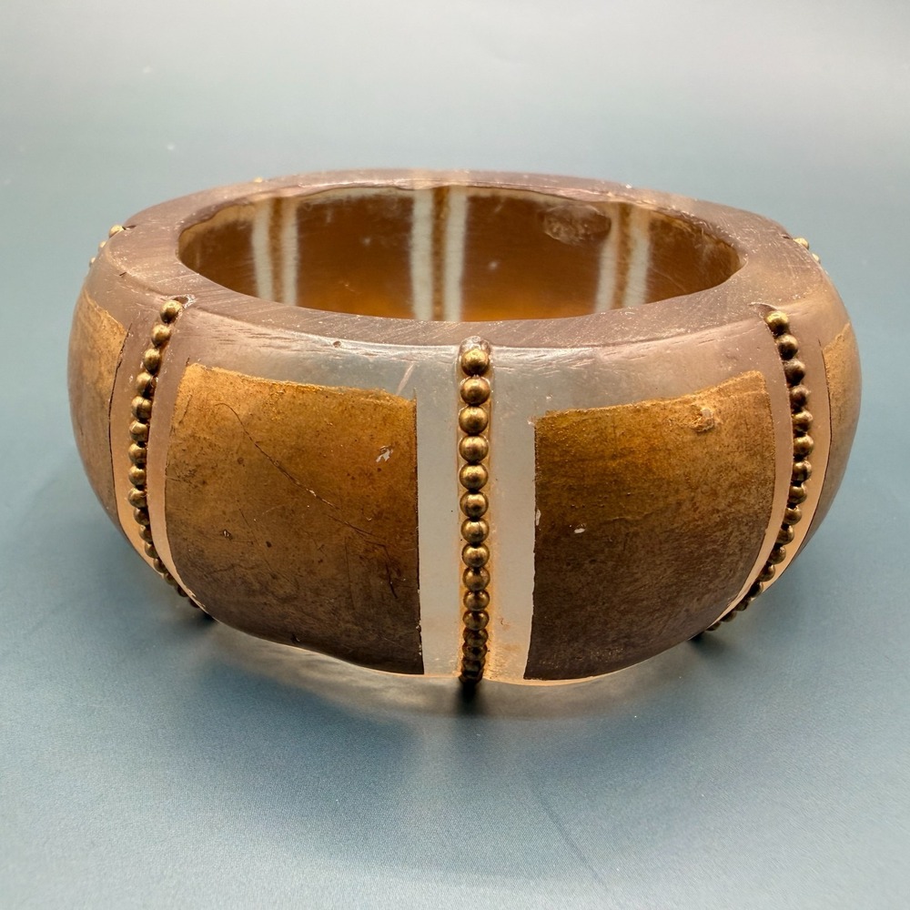 Chunky Taupe Resin Bangle Bracelet Bronze Tone Inlay Beaded Statement Boho Gift